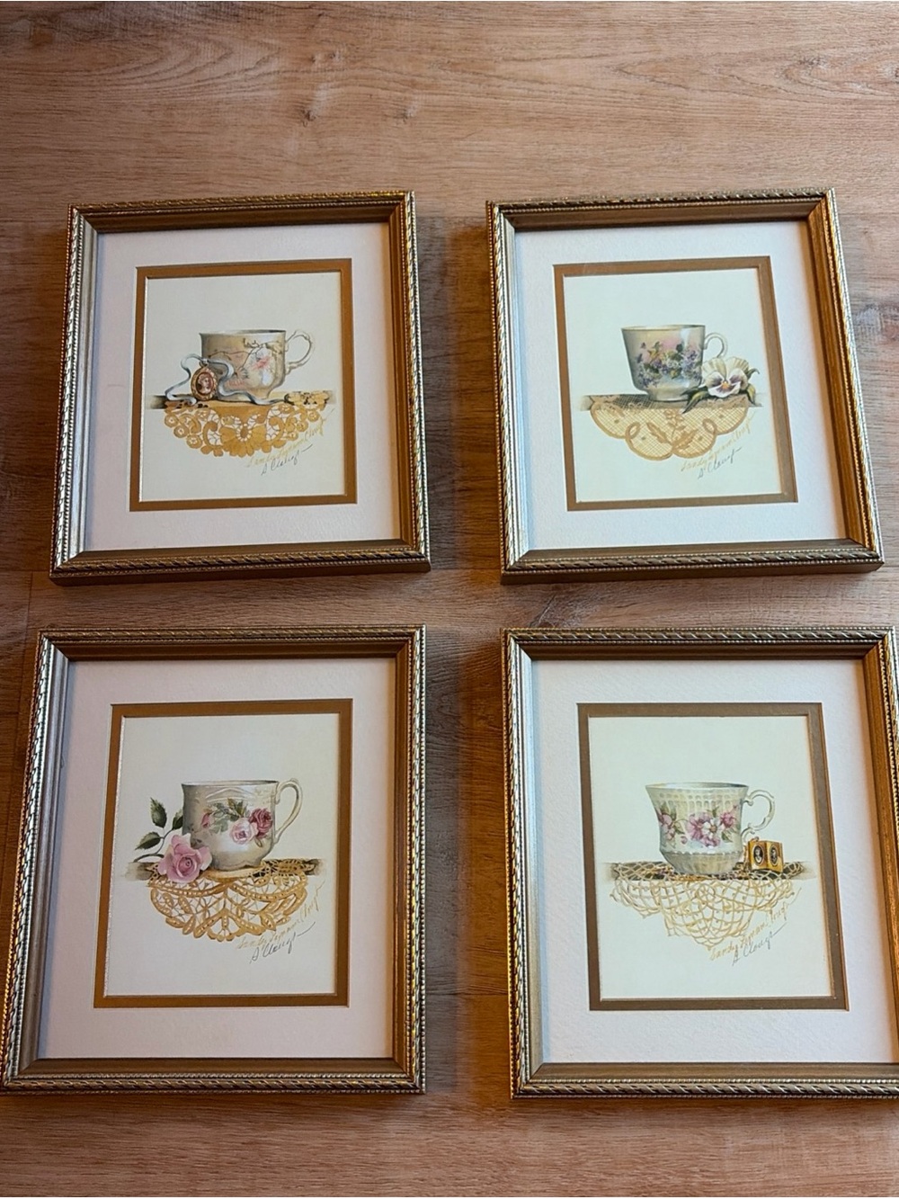SIGNED - FRAMED - MATTED WALL ART TEA CUP & SAUCER - PEINT 8.5"×8" - SET OF 4